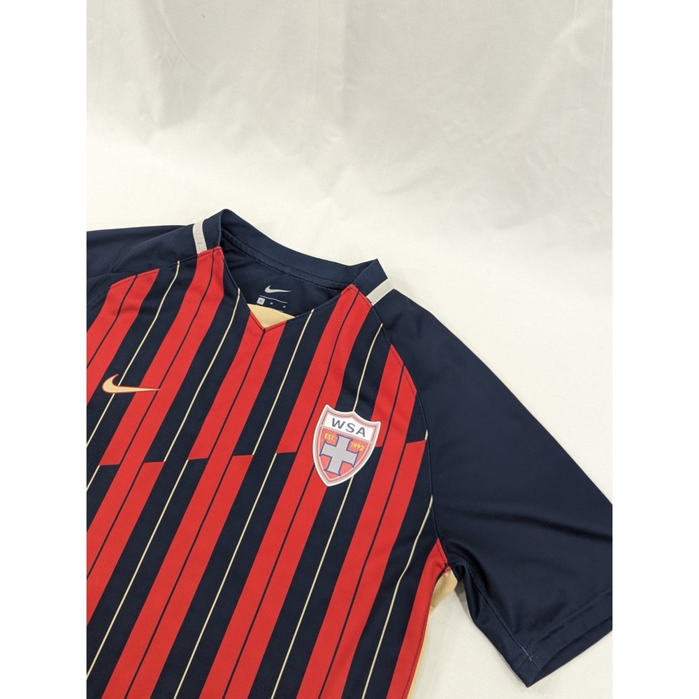 Nike Men's Medium Soccer Jersey WSA Shield Striped Navy Blue Red Gold